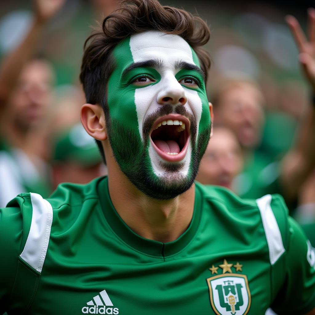 Football fan wearing a green jersey and cheering enthusiastically