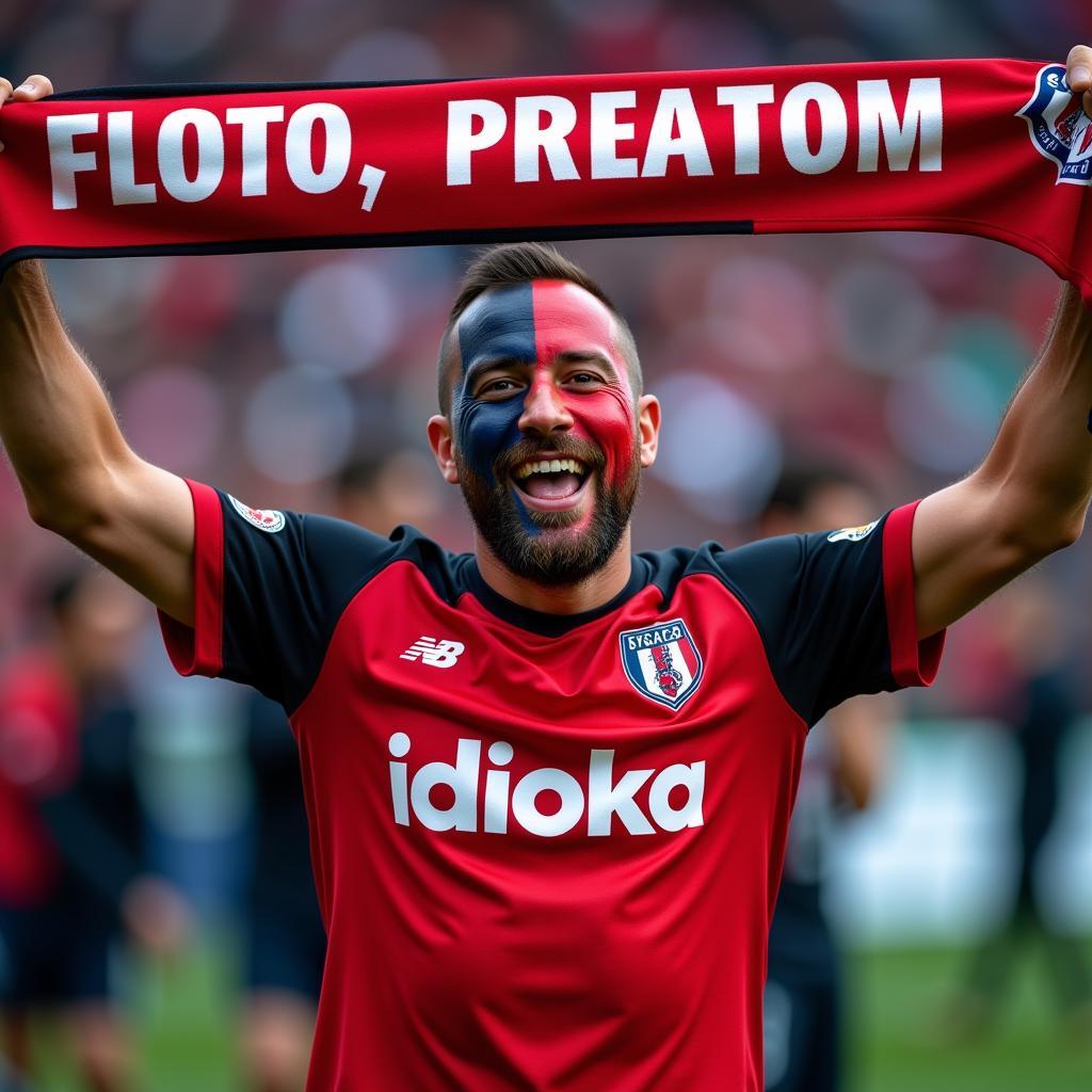 A dedicated football fan proudly wears their team's jersey, showcasing their loyalty and passion.