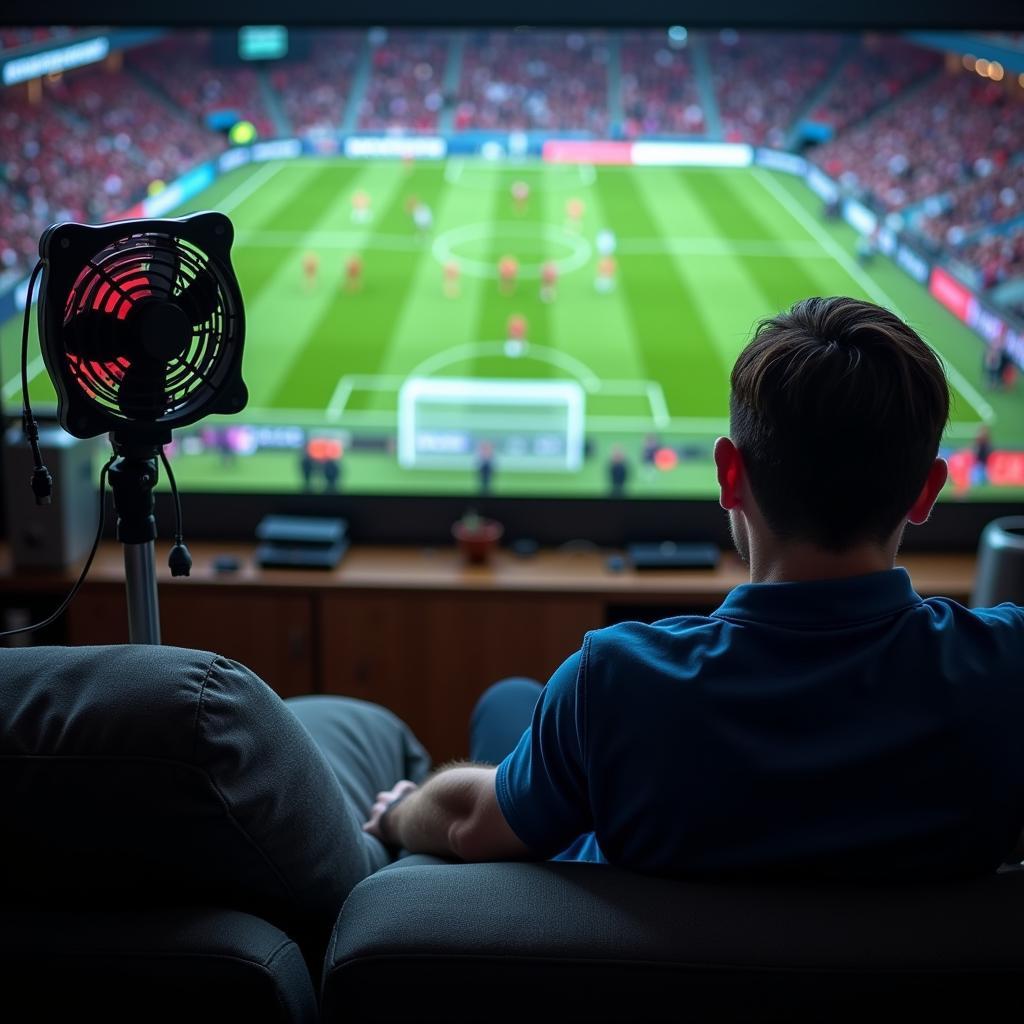 Football Fan Enjoying a Match with a 12V Fan