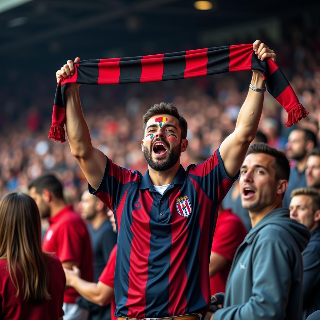 A football fanatic cheering wildly in a packed stadium