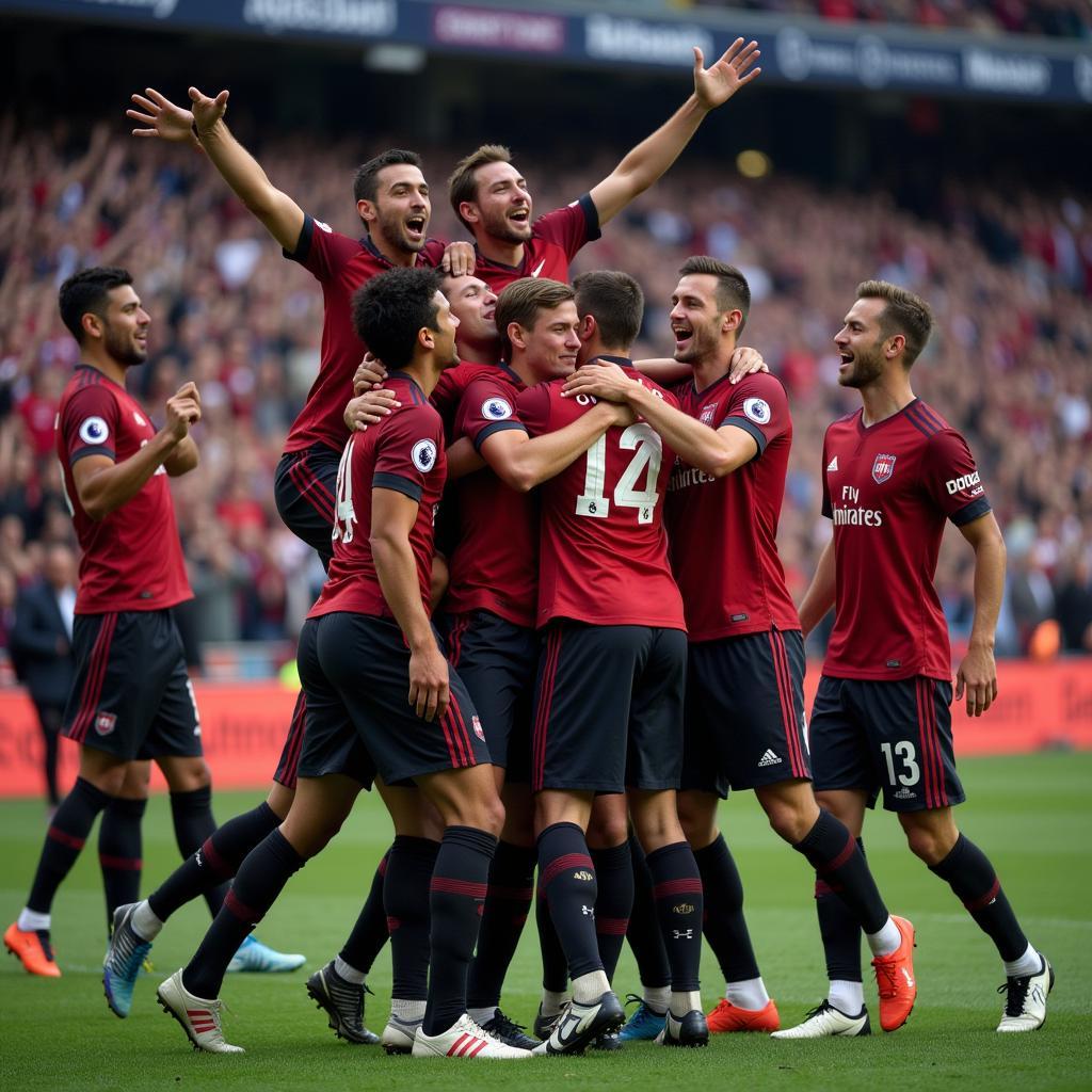 Football fans ecstatically celebrating a goal during a live match