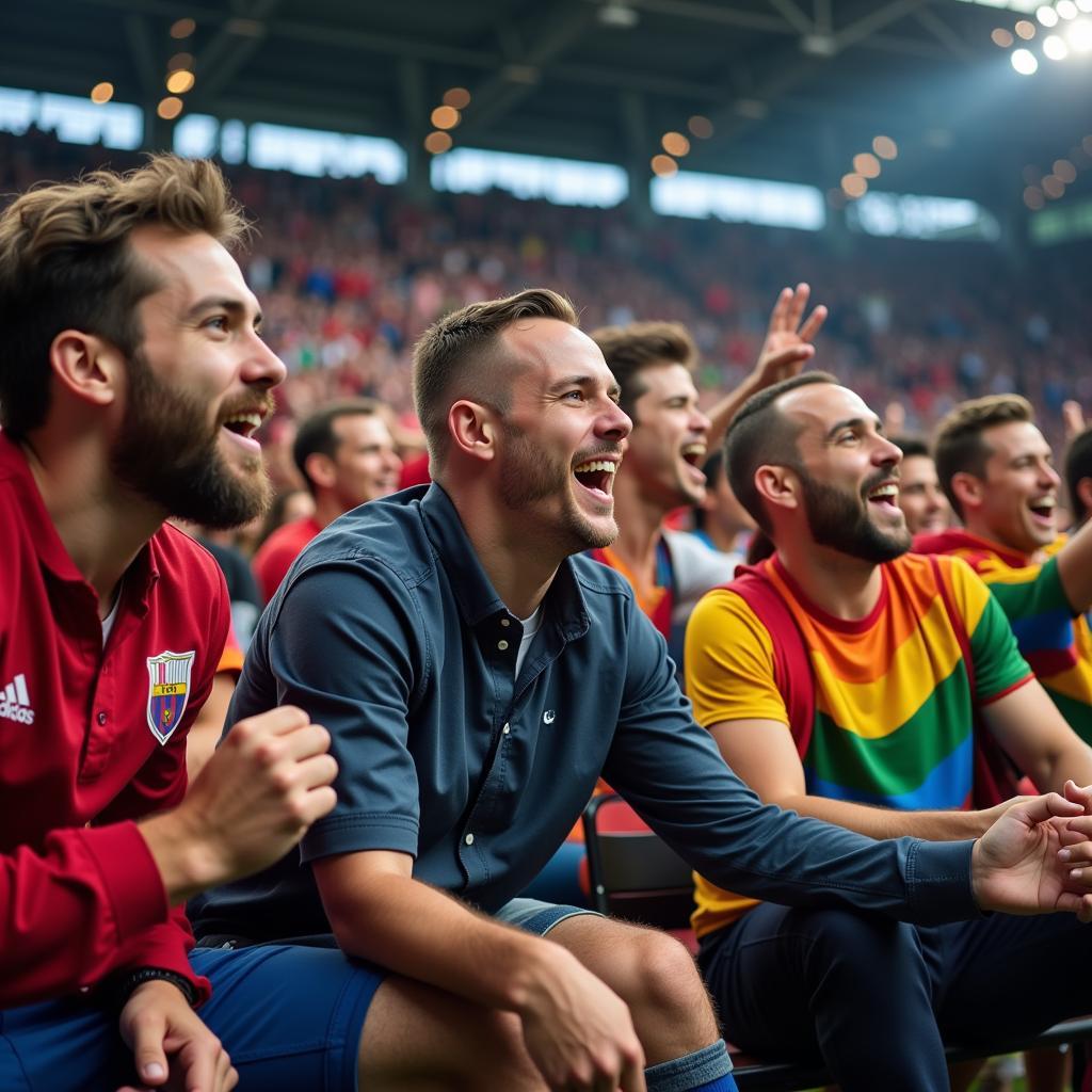 Diverse Football Fans Celebrating a Goal Together in a Stadium