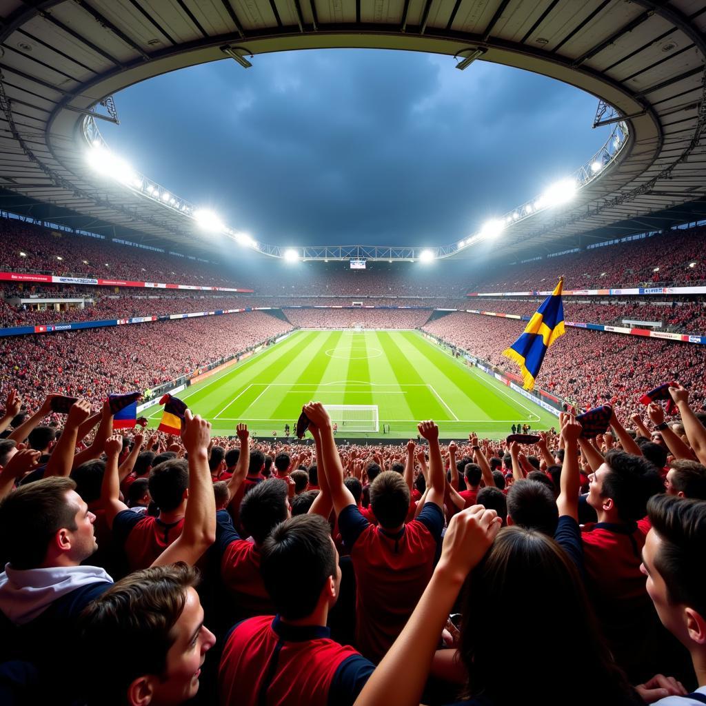 Football fans celebrating a victory in a packed stadium