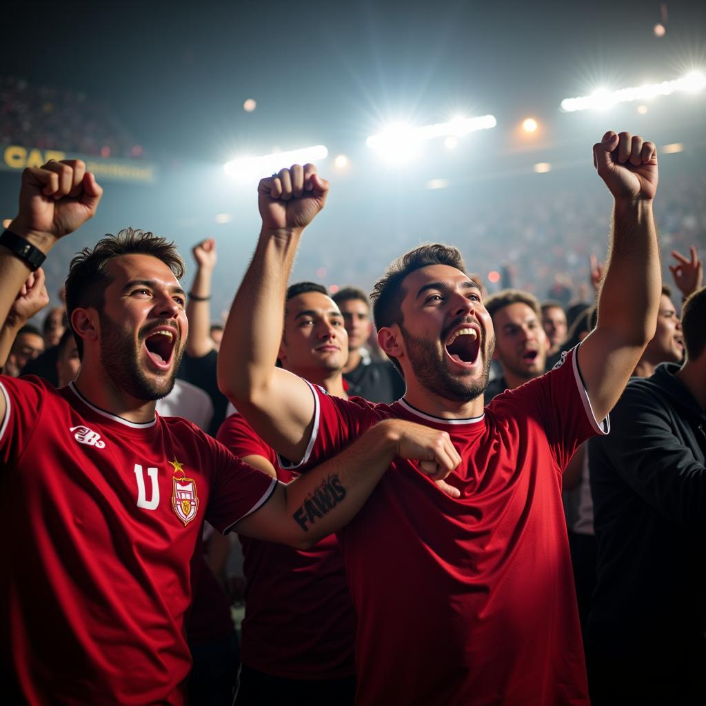 Fans celebrating a goal together