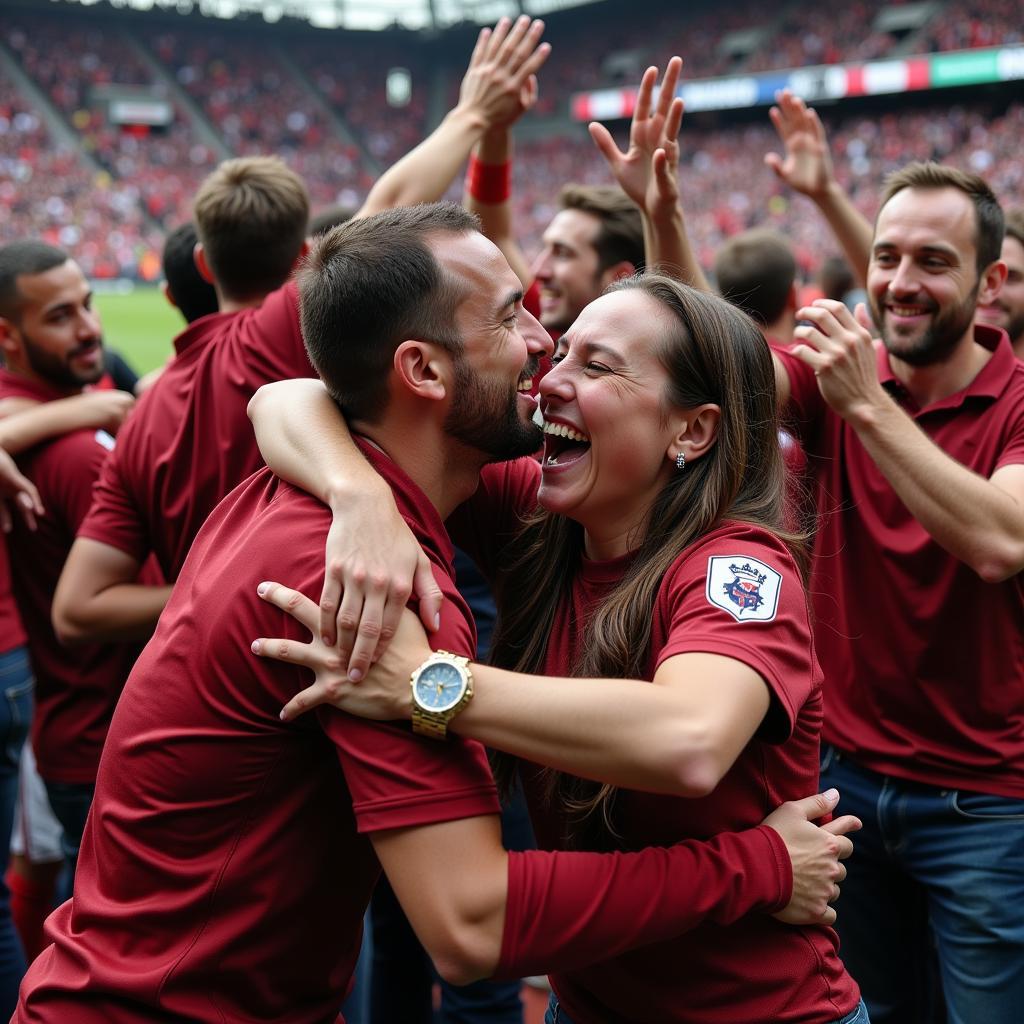 Football fans celebrating a victory, mirroring the joy and shared experiences found in family gatherings as depicted in "Going Home, Con"