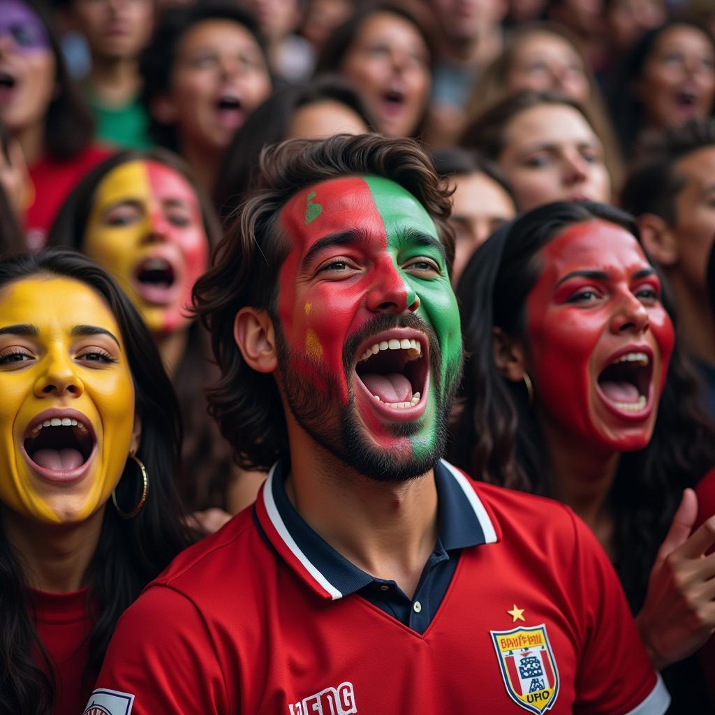 Football fans chanting and celebrating together, showing their support.