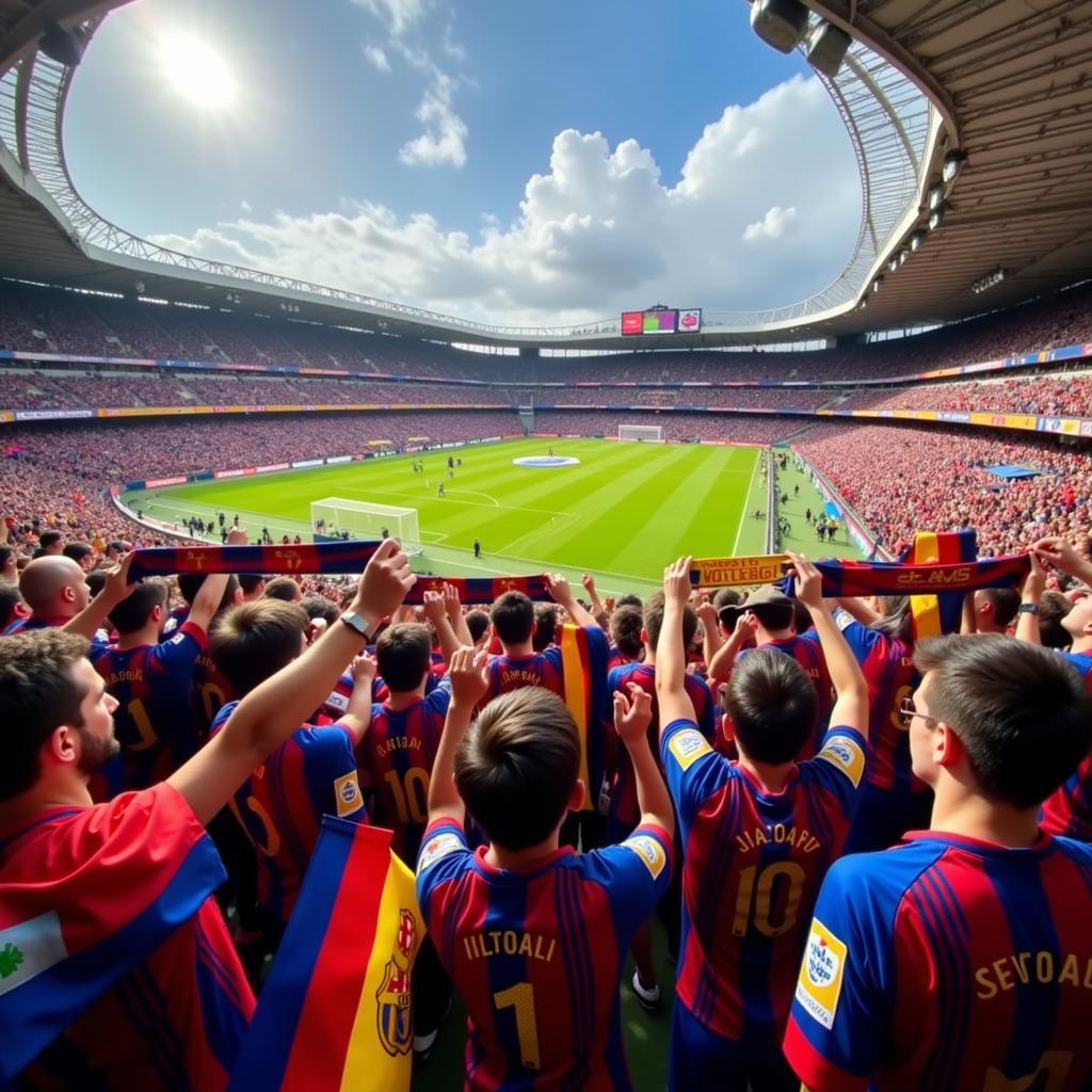 Fans cheering passionately inside a packed football stadium