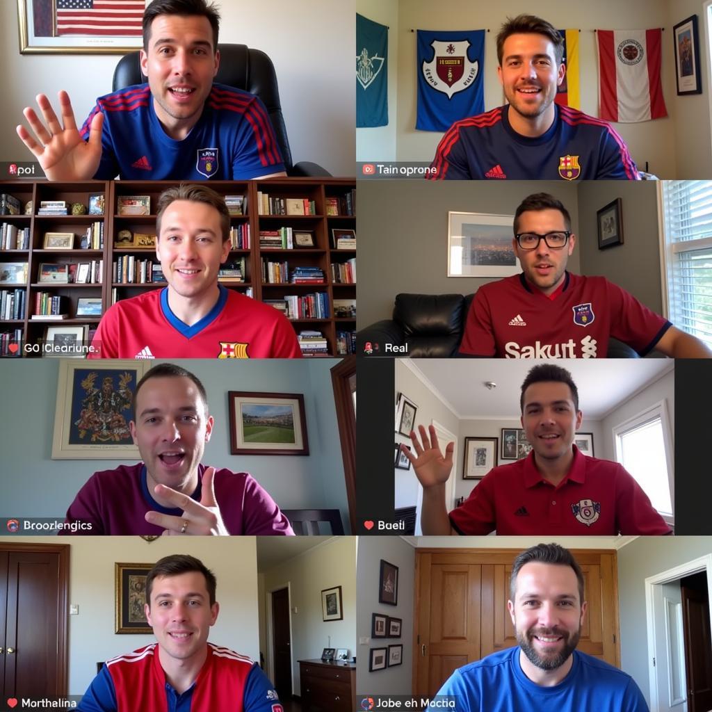 Football fans from different countries connecting through a video call