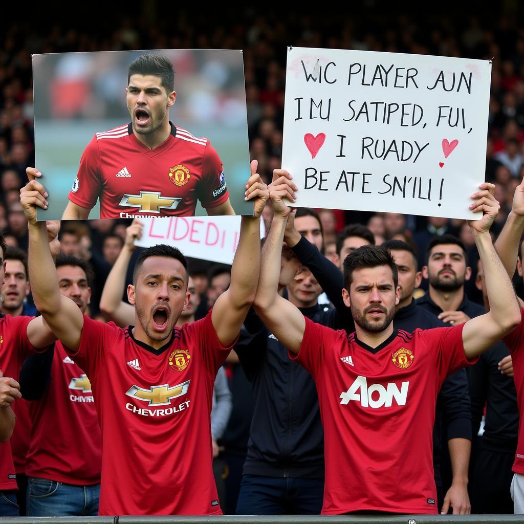 Football fans holding banners expressing their discontent