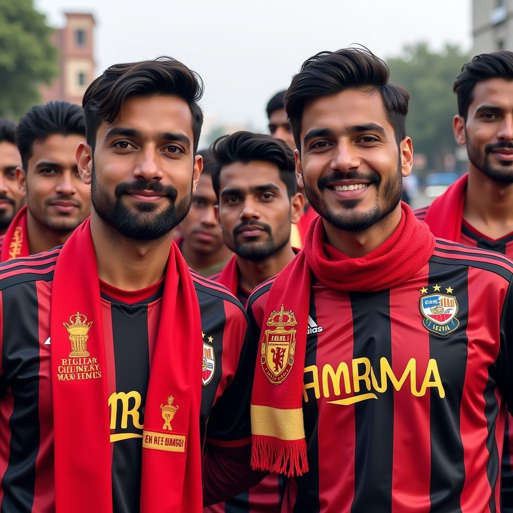 Football fans in Pakistan supporting their favorite team wearing jerseys and scarves.