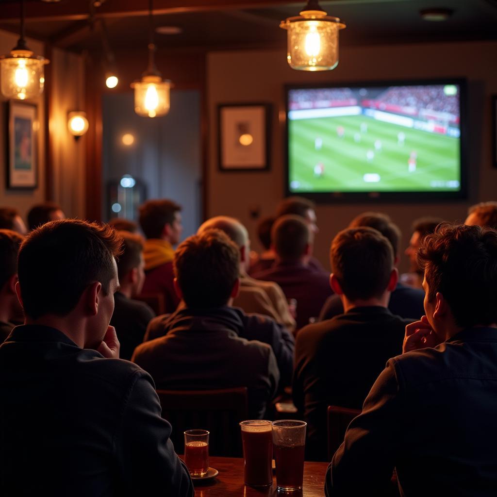 Football fans watching a match in a pub