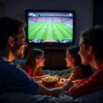 Football fans sharing M&Ms during a match