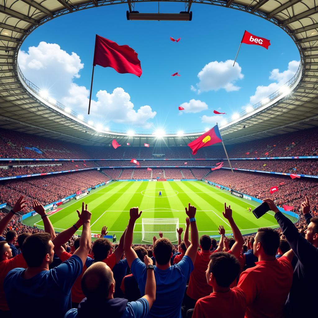 Football fans celebrating a goal in a packed stadium