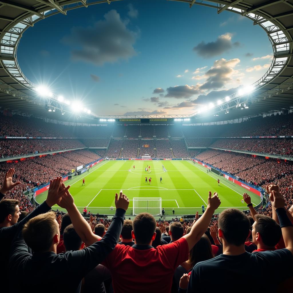 Football fans celebrating a goal in a packed stadium