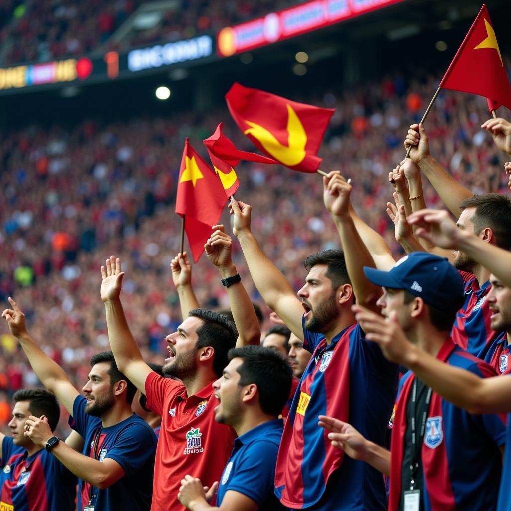 Football fans in the stadium engaging in chants and waving flags