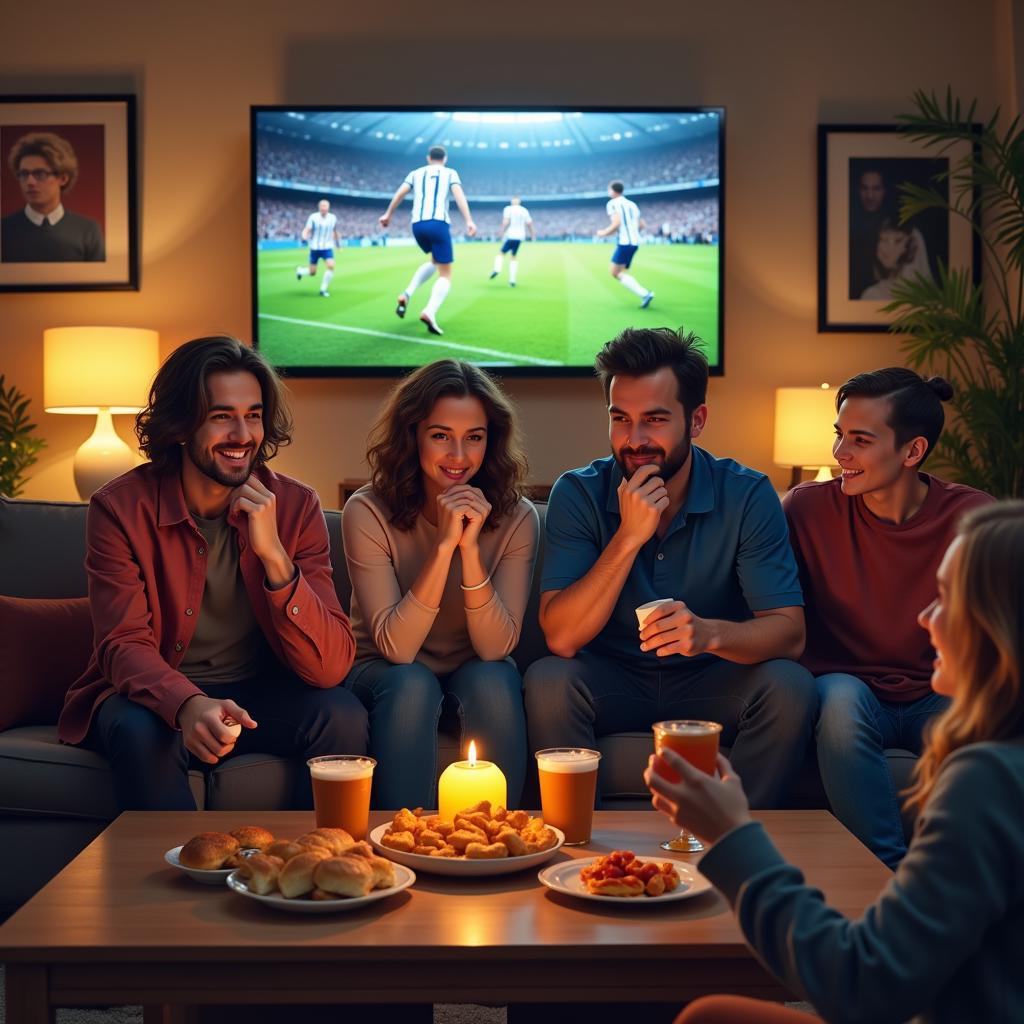 Friends and family gather to watch a football match, enjoying the shared experience.