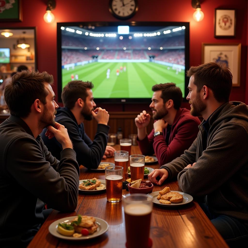 Football fans watching a match at a pub