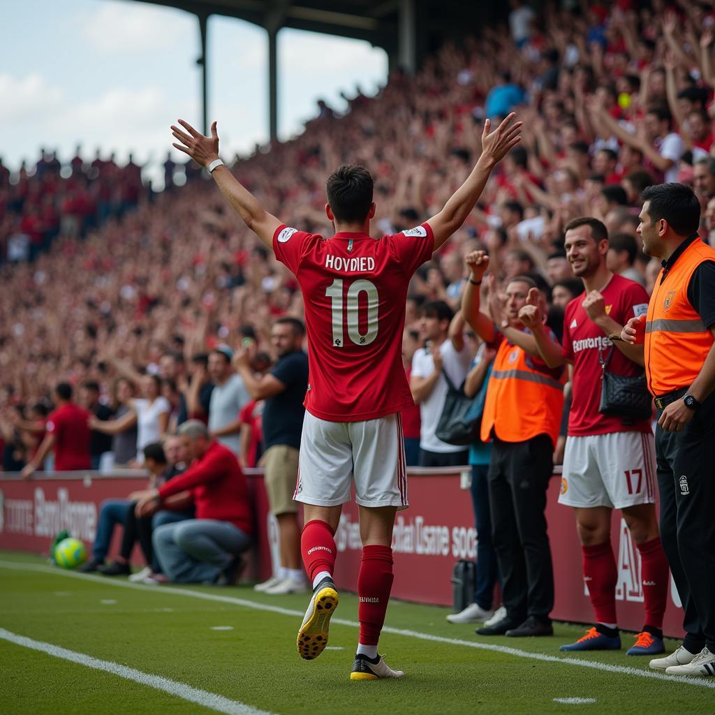 Football Player Celebrating with Fans