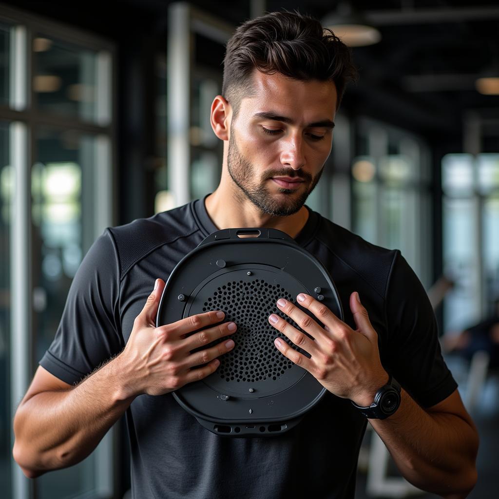 Football Player Using Exos Fan for Recovery