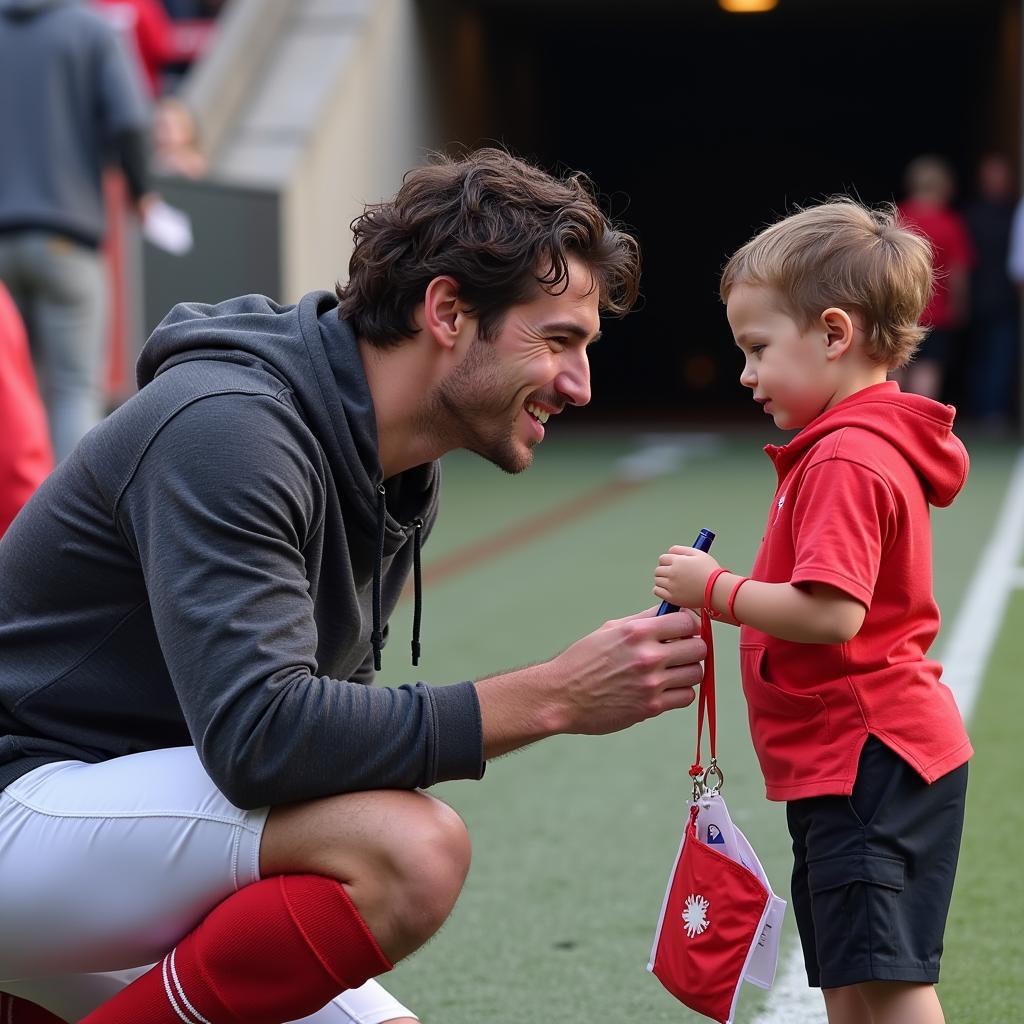 Football Player Signing an Autograph for a Young Fan