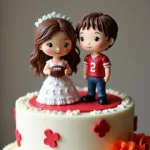 Football-themed wedding cake topper featuring a bride and groom in football attire