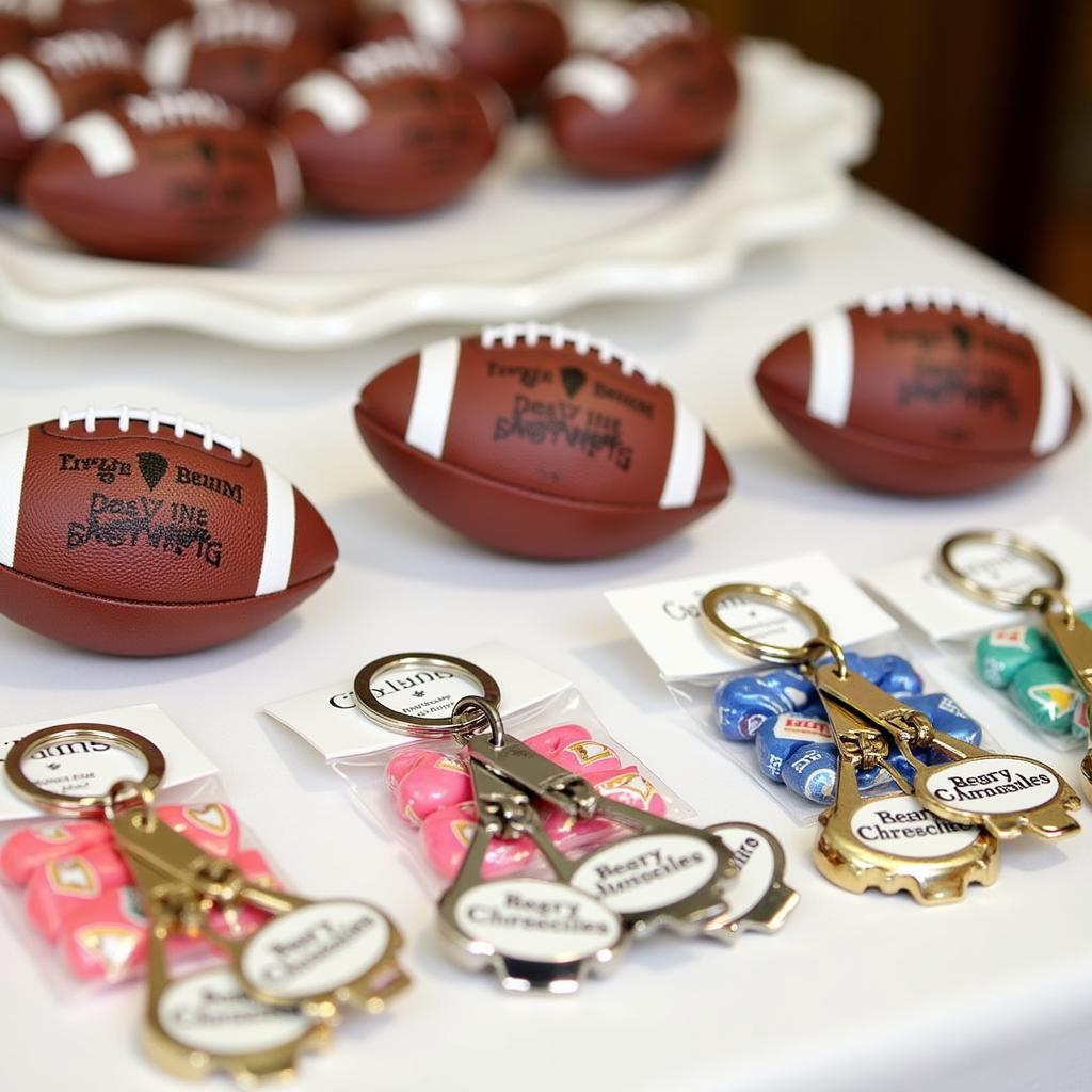 Personalized football-themed wedding favors for guests