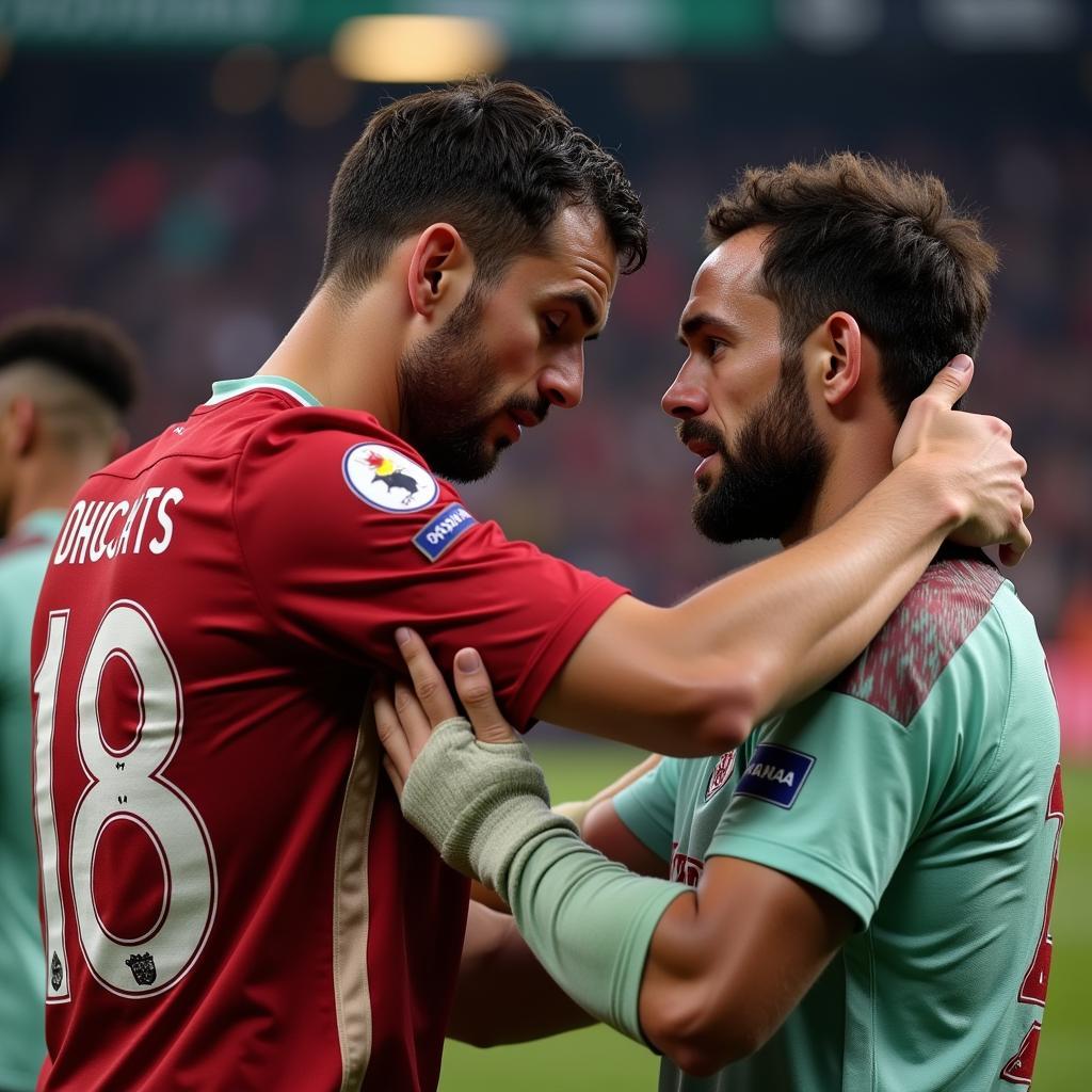 Footballer consoling a teammate after a loss