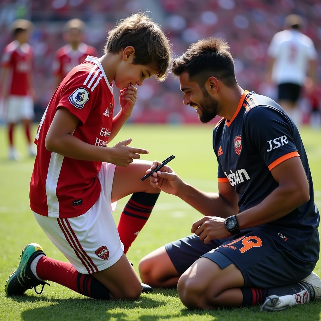 A footballer comforts a crying fan while signing an autograph.