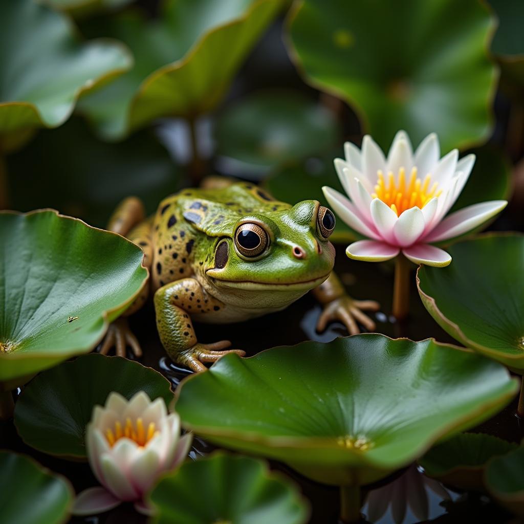 Frog Camouflaged near Water Lilies