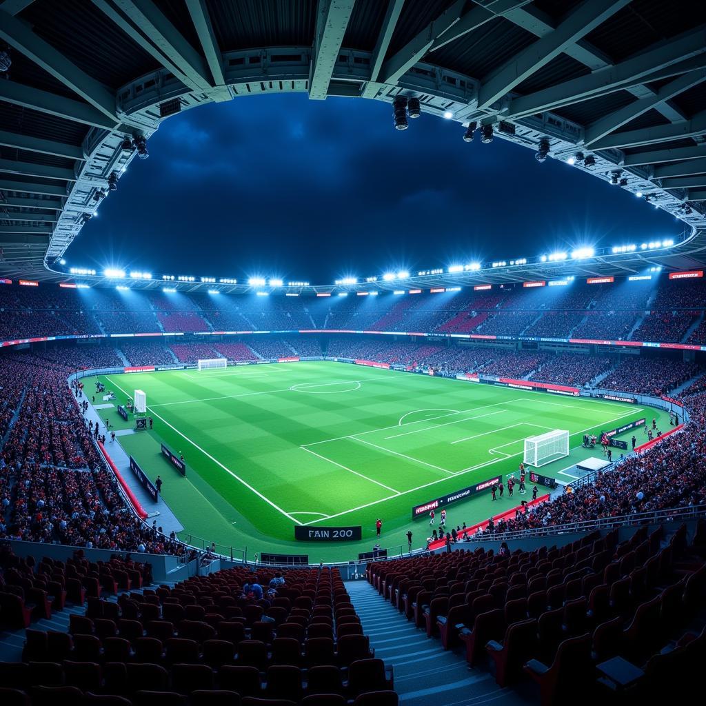 Advanced fan-led non-RGB lighting technology in a futuristic stadium