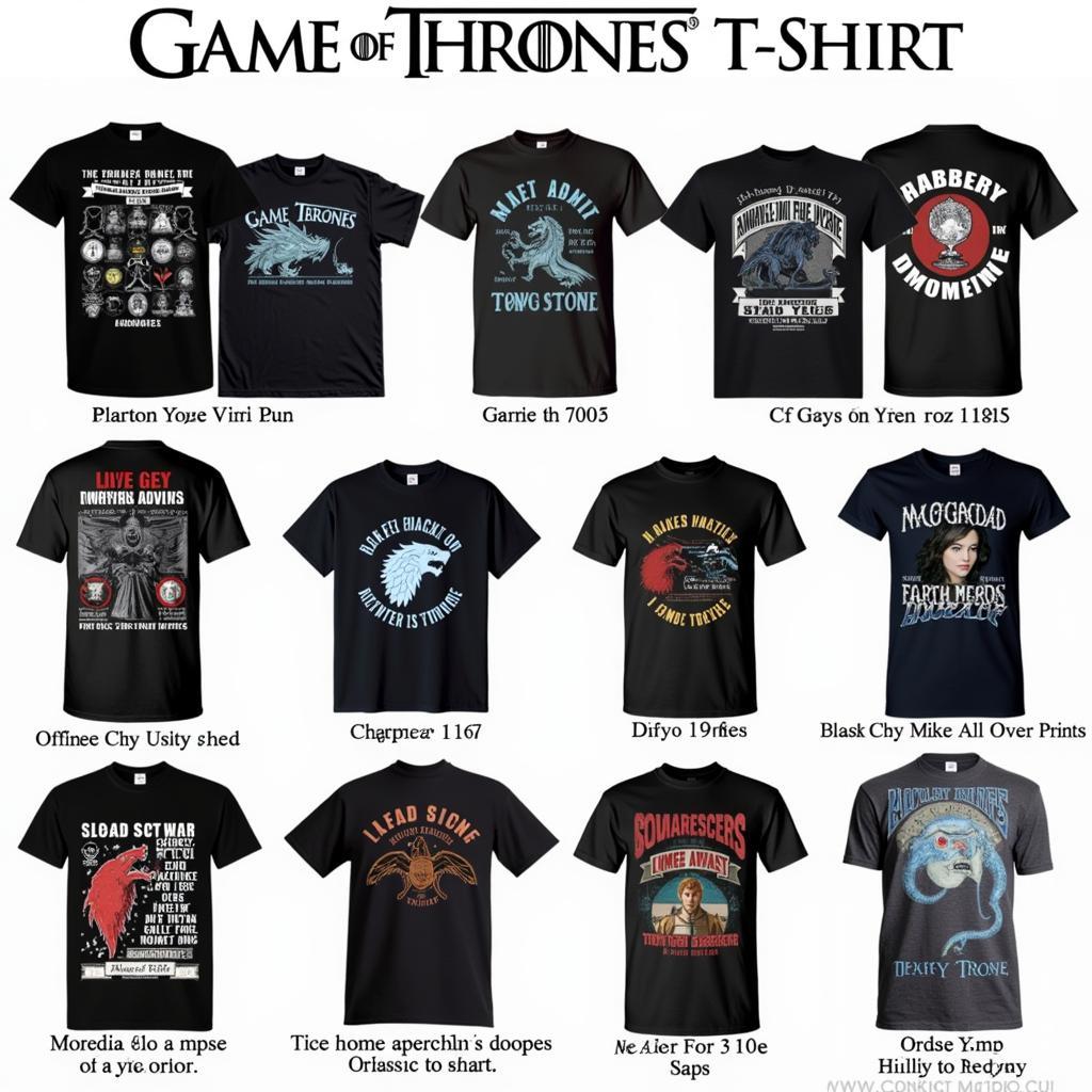 Various styles of Game of Thrones t-shirts, including graphic tees, vintage designs, and humorous options.