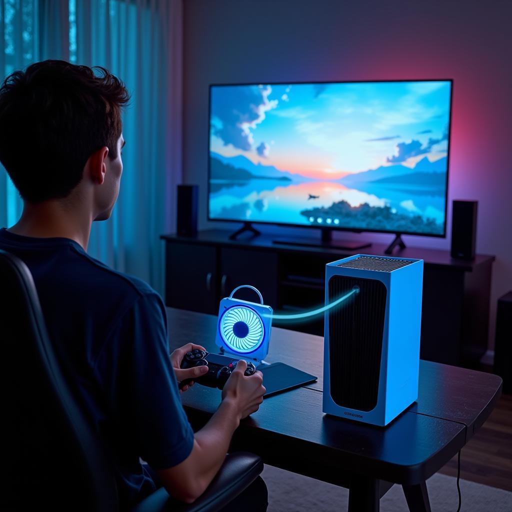 Gamer Using a USB Powered Fan with Console