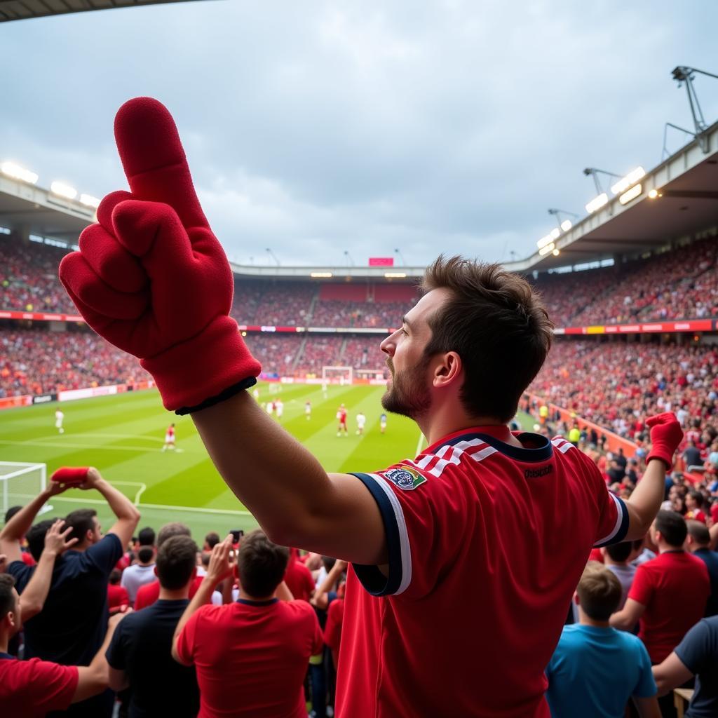 Giant fan cheering enthusiastically at a packed football stadium