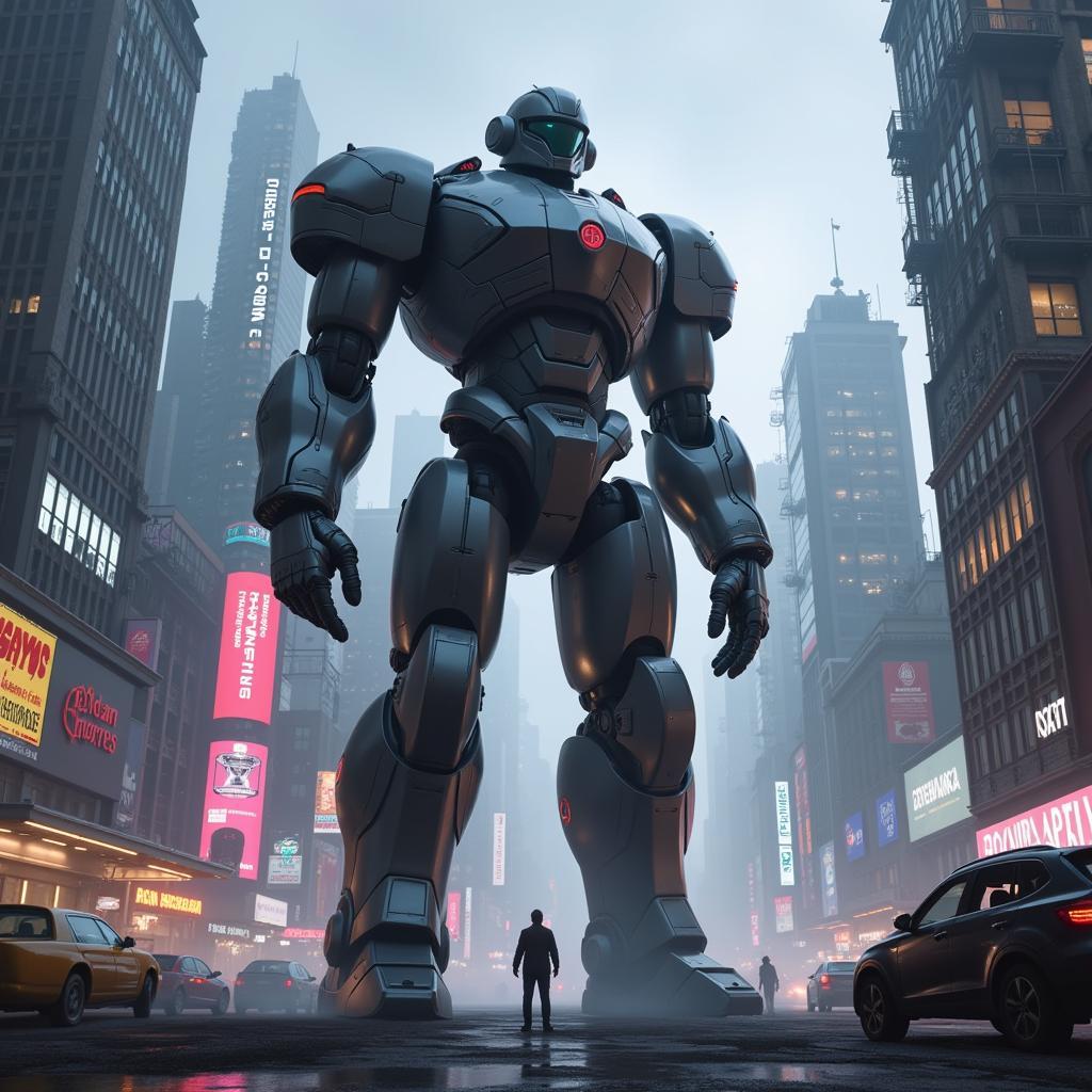 Giant Robot Dominating a Futuristic Cityscape