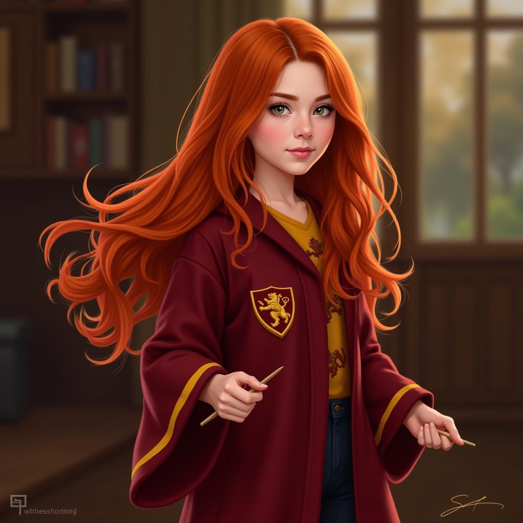 Digital portrait of Ginny Weasley showcasing her fiery red hair and determined expression