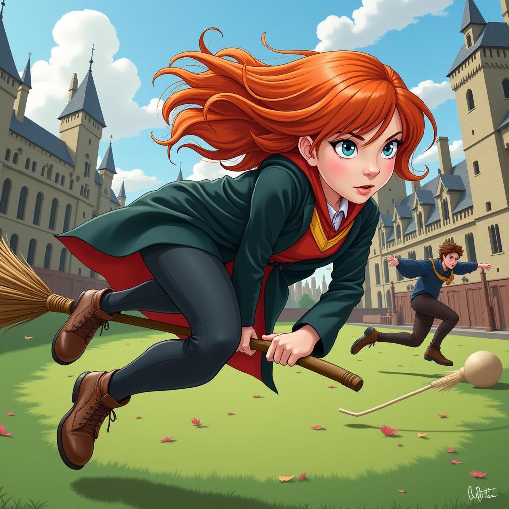 Ginny Weasley flying on her broomstick during a Quidditch match, captured in a dynamic action scene.