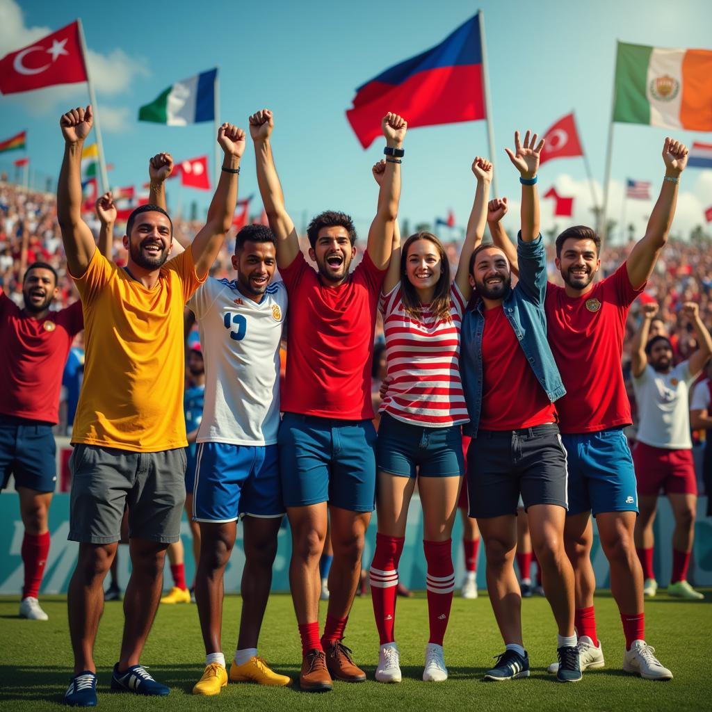 Fans from different countries celebrating a goal