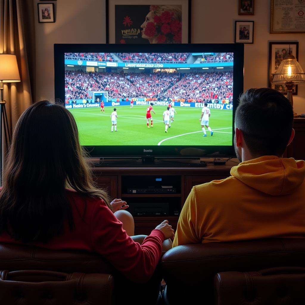 Global football fans watching a match on TV