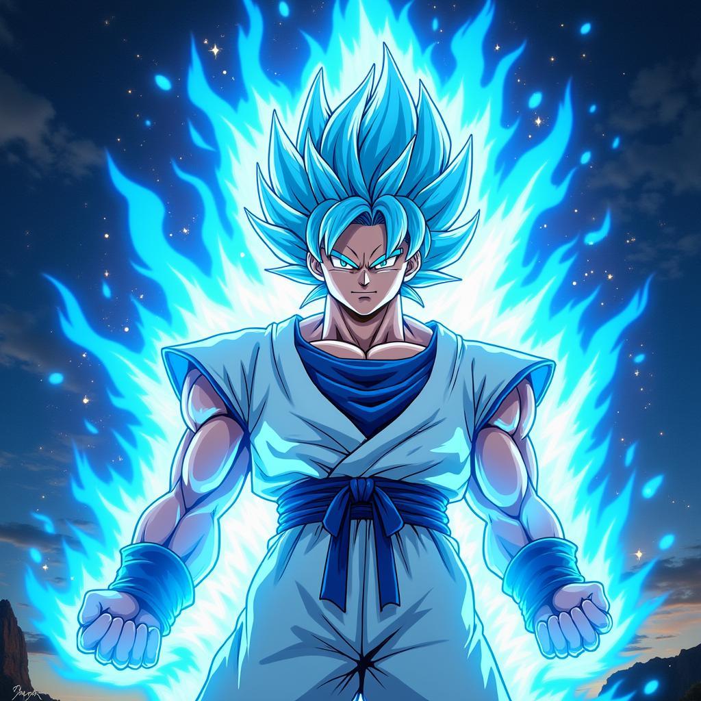 Gogeta Blue stands calmly, his blue aura shimmering around him.  His expression is serene yet determined, conveying a sense of quiet confidence and control.