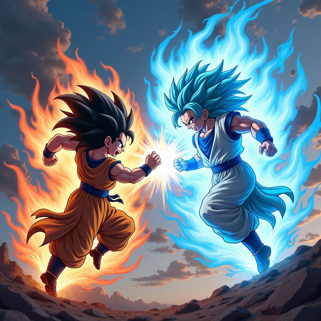 Gogeta Blue and Broly clashing mid-air, energy swirling around them.  Gogeta's blue aura contrasts with Broly's green, creating a dynamic and visually stunning composition.