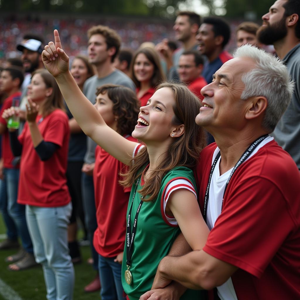 Football fans gathering, reminiscent of the family bonds in "Going Home, Con"