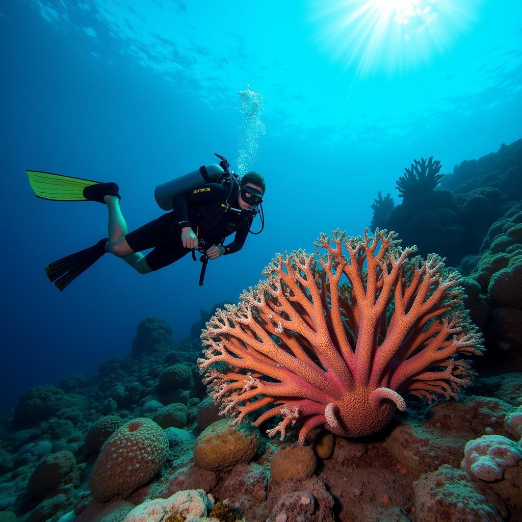 Diver examining a Gorgonian Sea Fan