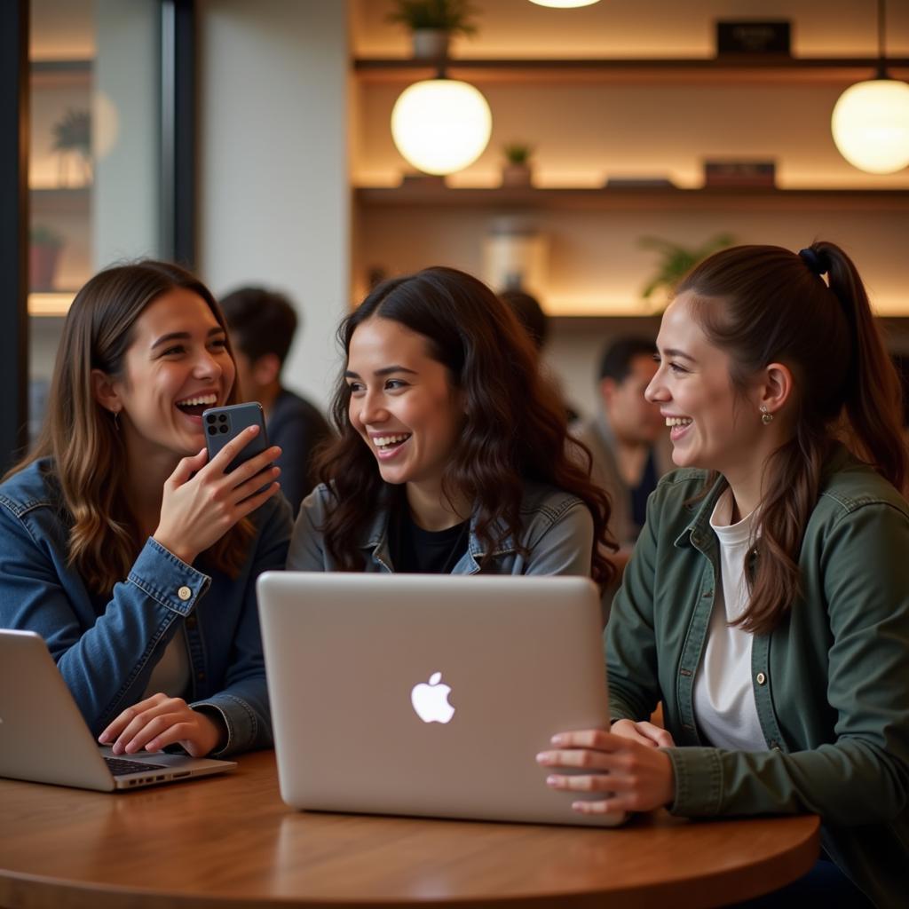 Group of friends using various Apple devices in a cafe