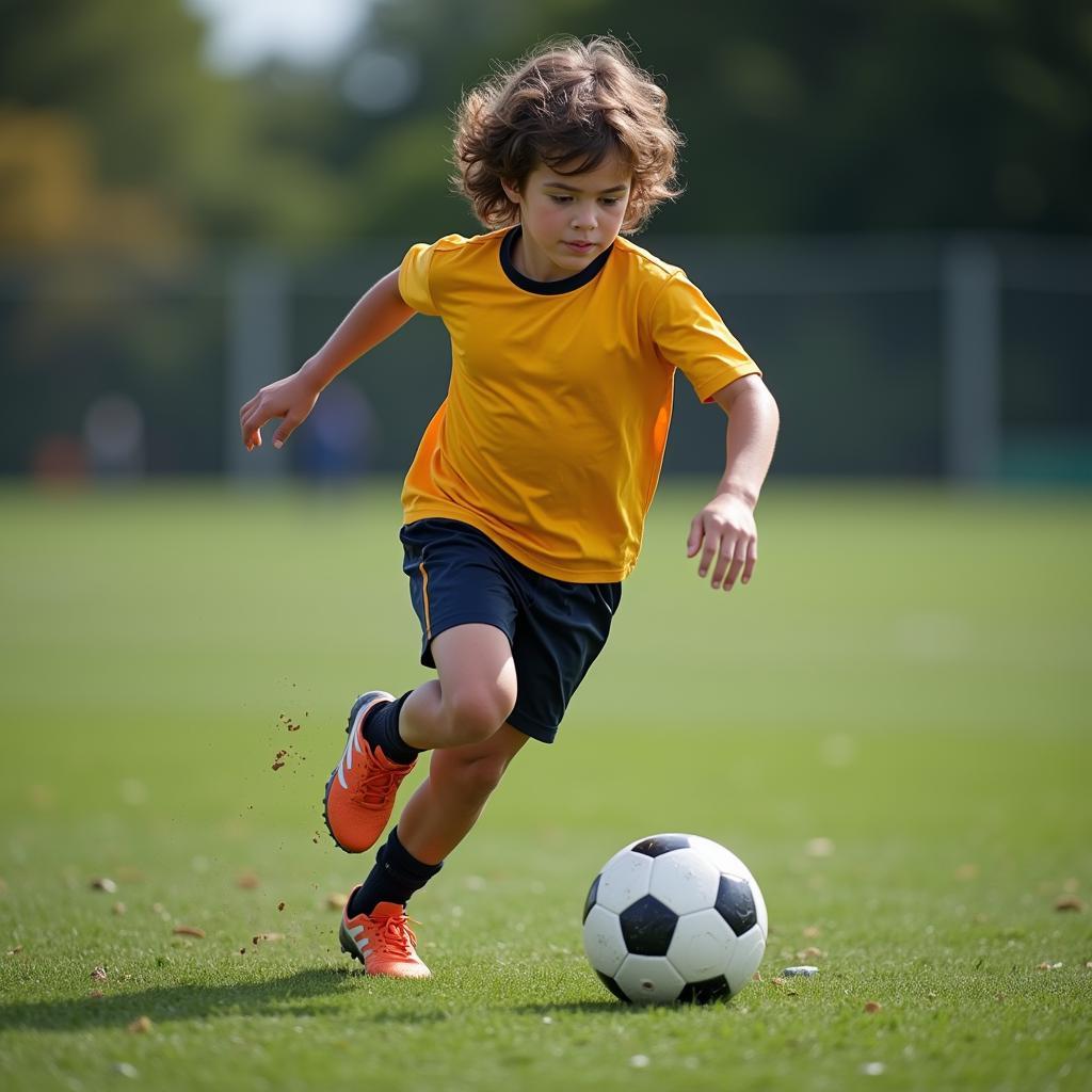 A young footballer practicing diligently, potentially representing Guang Yao Fan Wei-Ling Liu in their early stages of development.