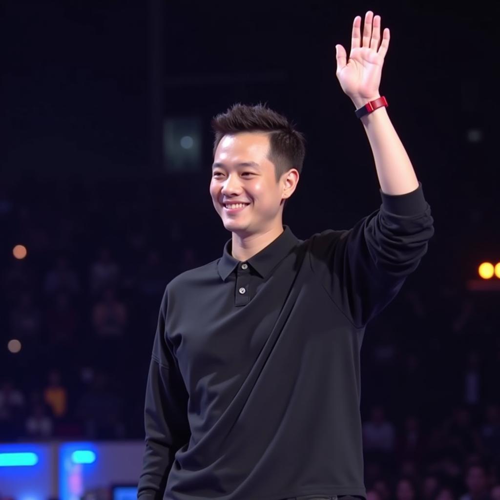 Lai Guanlin waving to fans at the end of a fan meeting