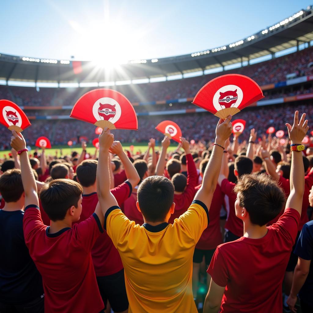 Fans waving handheld fans at a football stadium