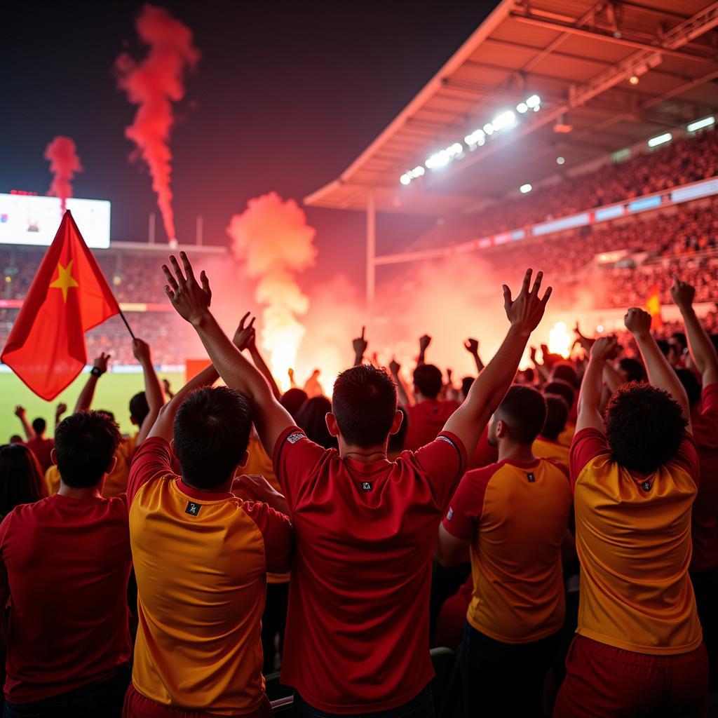 Hanoi football fans enthusiastically celebrating a goal