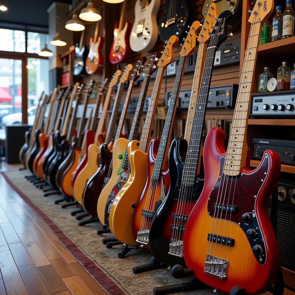 Bass guitars on display in a Hanoi music store