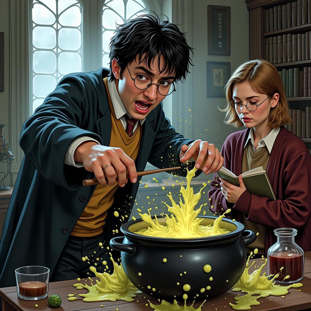 Harry Potter struggling with a self-stirring cauldron