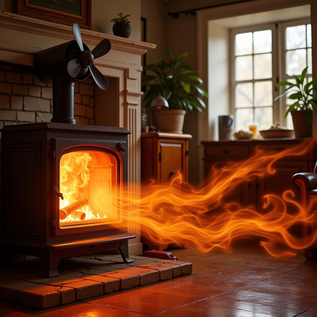 Heat Powered Stove Fan Circulating Warm Air in Room